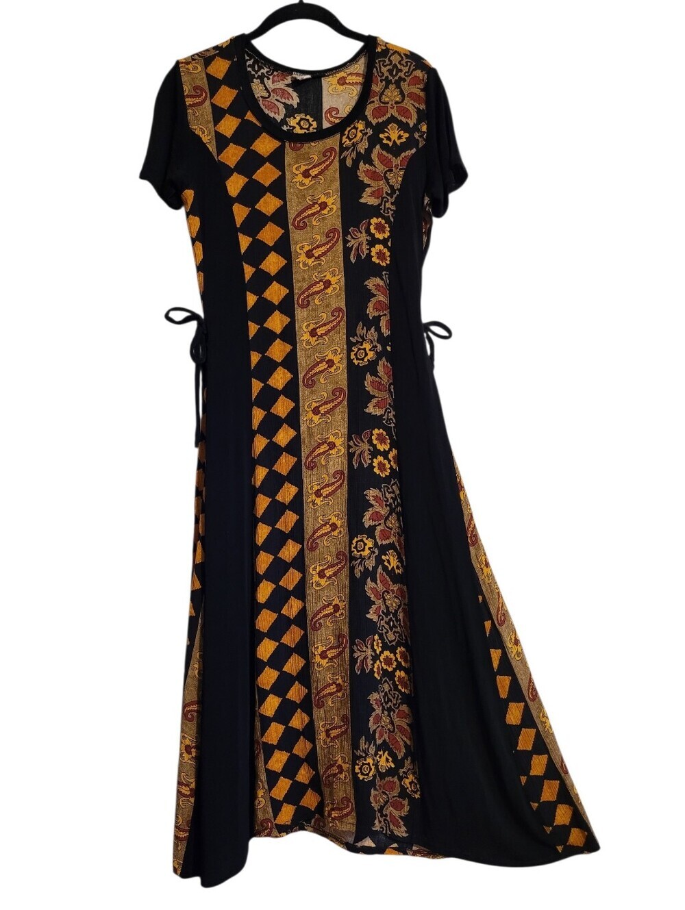 Vintage Wmn Large Floral Paisley Mixed Media Midi Dress Black Golden Red Vibrant